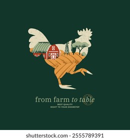 Rooster vector illustration with the farm view inside of the silhouette. Vintage style illustration.