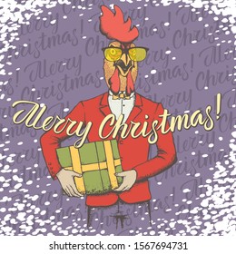 Rooster vector illustration. Rooster head on human body and lettering merry Christmas