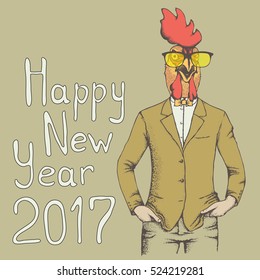 Rooster vector illustration. Rooster in human suit. 2017 new year of the rooster