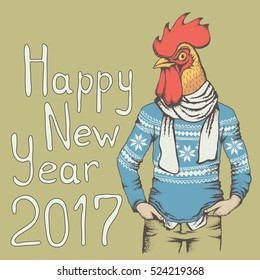 Rooster vector illustration. Rooster in human sweatshirt. 2017 new year of the rooster