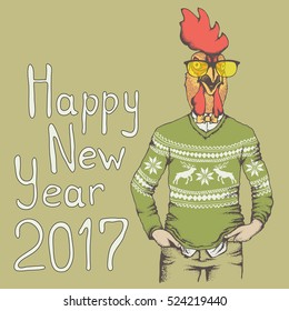 Rooster vector illustration. Rooster in human sweatshirt. 2017 new year of the rooster