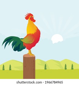 Rooster vector illustration with nature background.