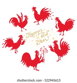 Rooster vector illustration in red color isolated on white. Chicken silhouette. New year's design. Male chickens set