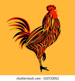 Rooster vector illustration. Stylized colorful rooster isolated on orange background