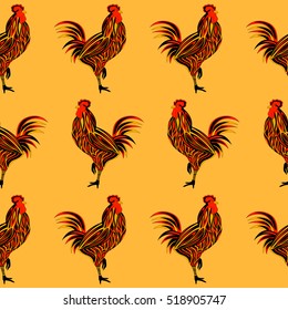 Rooster vector illustration. Stylized colorful seamless rooster on orange background