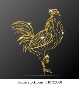 Rooster vector illustration. Stylized gold rooster isolated on dark background