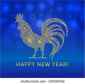 Rooster vector illustration. Symbol of 2017 by the Chinese calendar. Gold cock with snowflakes on blue background.