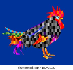 Rooster vector isolated on blue background. Abstract digital rooster illustration. Colorful cock in art design no outline. 