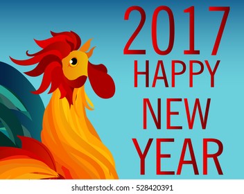 Rooster. Vector. Red. Symbol 2017. Isolated Cockerel on a blue background
