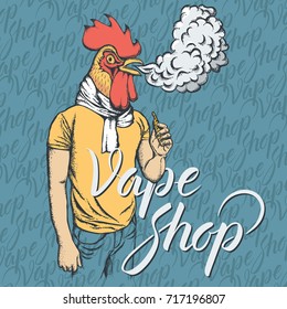 Concepto vape vectorial de gallo. Fumar gallos o vaporizar un cigarrillo electrónico, en traje humano. Con tienda de uvas para inscripciones