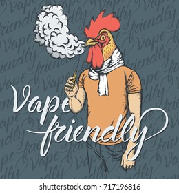 Rooster vector vape concept. Rooster smoking or vaping an electronic cigarette, in human suit. With inscription vape friendly