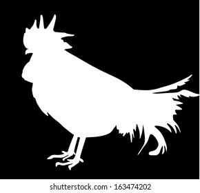 Rooster vector white silhouette isolated on black background.