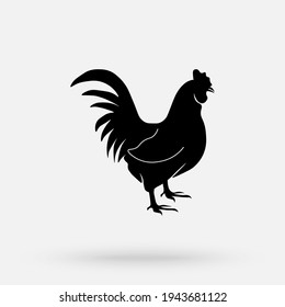 Rooster vintage logo, retro print, butcher meat shop poster, chicken silhouette. Logo template for meat business, meat shop. Isolated black silhouette chicken, white background. Vector Illustration.