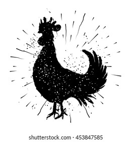 Rooster. Vintage style cock vector illustration on hand drawn sunburst background or sun ray frame in vintage hipster style. Badge or burst, radial. Ink brush painting imitation with splashes.