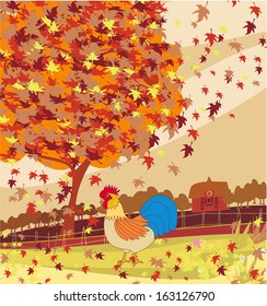 rooster walking through leaves