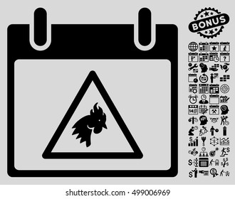 Rooster Warning Calendar Day icon with bonus calendar and time management pictograph collection. Vector illustration style is flat iconic symbols, black, light gray background.