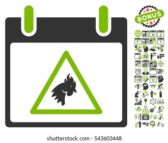 Rooster Warning Calendar Day icon with bonus calendar and time management images. Vector illustration style is flat iconic symbols, eco green and gray, white background.