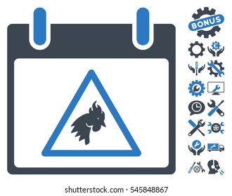 Rooster Warning Calendar Day icon with bonus setup tools design elements. Vector illustration style is flat iconic symbols, smooth blue, white background.