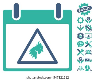 Rooster Warning Calendar Day icon with bonus setup tools clip art. Vector illustration style is flat iconic symbols, cobalt and cyan, white background.