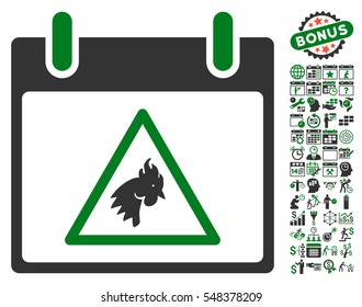 Rooster Warning Calendar Day icon with bonus calendar and time management pictograms. Vector illustration style is flat iconic symbols, green and gray, white background.