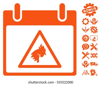 Rooster Warning Calendar Day icon with bonus service pictograph collection. Vector illustration style is flat iconic symbols, orange, white background.