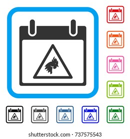 Rooster Warning Calendar Day icon. Flat grey pictogram symbol in a light blue rounded squared frame. Black, gray, green, blue, red,