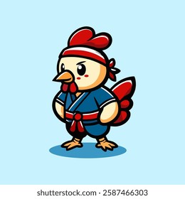 Rooster wearing a blue karate uniform.