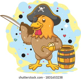 A rooster wearing pirate costume and holding sword
