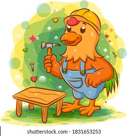 Rooster wearing safety helmet and holding hammer of illustration