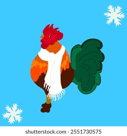 Rooster wearing a scarf and boots on a snowflake shape background. Vector illustration.
