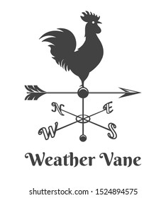 Rooster weather vane. Retro house rooster sign, old design weathercock arrow with chicken, vector wind vane direction illustration isolated on white background