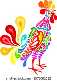 Сolorful rooster welcomes the morning sun. Сrow. Cock-a-doodle-doo! Decorative vector drawing. svg