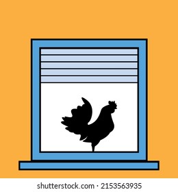 Rooster in the window. Concept of alarm to wake up in the morning