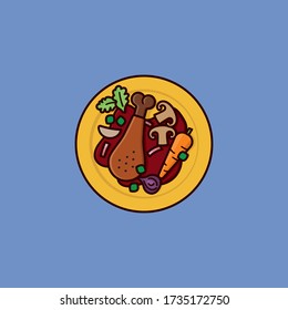 Rooster in wine with vegetables dish on plate top view vector illustration. French cuisine color symbol. Coq au vin recipe.