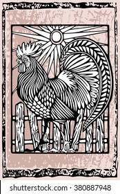 Rooster in woodcut ethnic style