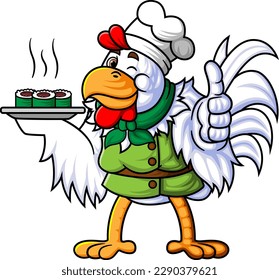 un gallo que trabaja como chef profesional lleva un plato de cocina japonesa tradicional a la ilustración