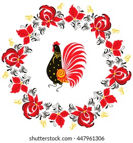 Rooster and a wreath of flowers. Vector illustration.