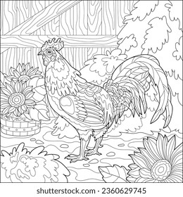 Rooster en el patio con heno y girasoles. Libro de coloración para adultos, ilustración vectorial en blanco y negro. Arte de línea.