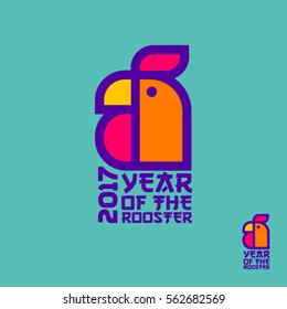 Rooster year. 2017 logo. Rooster emblem.
Linear logo on background. The symbol of the Chinese New Year.