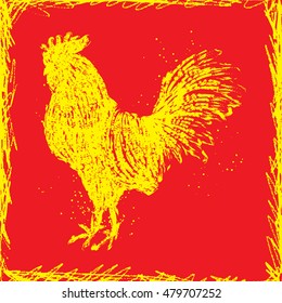 Rooster in yellow frame on red background. Vintage style cock. Zodiac symbol for Chinese New year 2017. Hair texture on the edge of the rooster with paint texture ink. Grunge.
