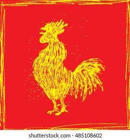 Rooster in yellow frame on red background. Vintage style cock. Zodiac symbol for Chinese New year 2017. Hair texture on the edge of the rooster with paint texture ink. Grunge.