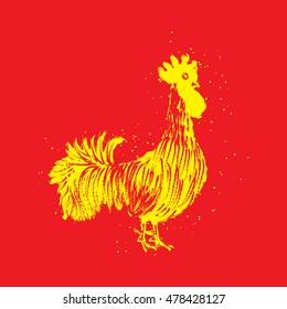 Rooster yellow on red background. Vintage style cock. Zodiac symbol for Chinese New year 2017. Hair texture on the edge of the rooster with paint texture ink. Grunge.