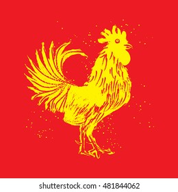 Rooster yellow on red background. Vintage style cock. Zodiac symbol for Chinese New year 2017. Hair texture on the edge of the rooster with paint texture ink. Grunge.
