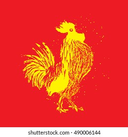 Rooster yellow on red background. Vintage style cock. Zodiac symbol for Chinese New year 2017. Hair texture on the edge of the rooster with paint texture ink. Grunge.