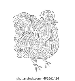 Rooster zentangle on white background.The logo for the New Year 2017, Chinese New Year. Zentangle style. Coloring book for adult, antistress coloring pages.Zodiac Animals.