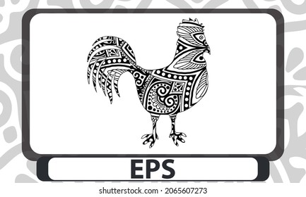 Rooster in zentangle style. Adult antistress coloring page. Black and white hand drawn doodle for coloring book
