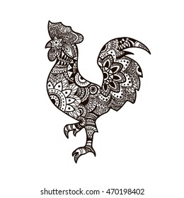 Rooster in zentangle style. Symbol of Chinese New Year 2017. Boho cock.  Adult antistress coloring page. Black and white hand drawn doodle for coloring book.