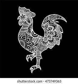 Rooster in zentangle style. Symbol of Chinese New Year 2017. Boho cock. Adult antistress coloring page. Black and white hand drawn doodle for coloring book.