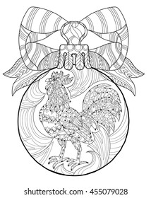 Rooster,Cock in christmas glass ball. Symbol of Chinese new year zodiac 2017. Hand drawn doodle zen art.Adult anti stress coloring book or tattoo