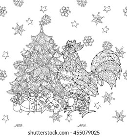 Rooster,Cock and fir tree. Symbol of Chinese new year zodiac 2017. Hand drawn doodle zen art.Adult anti stress coloring book or tattoo